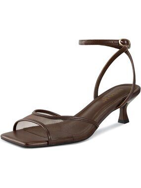 Womens Brown Mesh Kitten Heels Square Toe Ankle Strap Low Heels Sandals